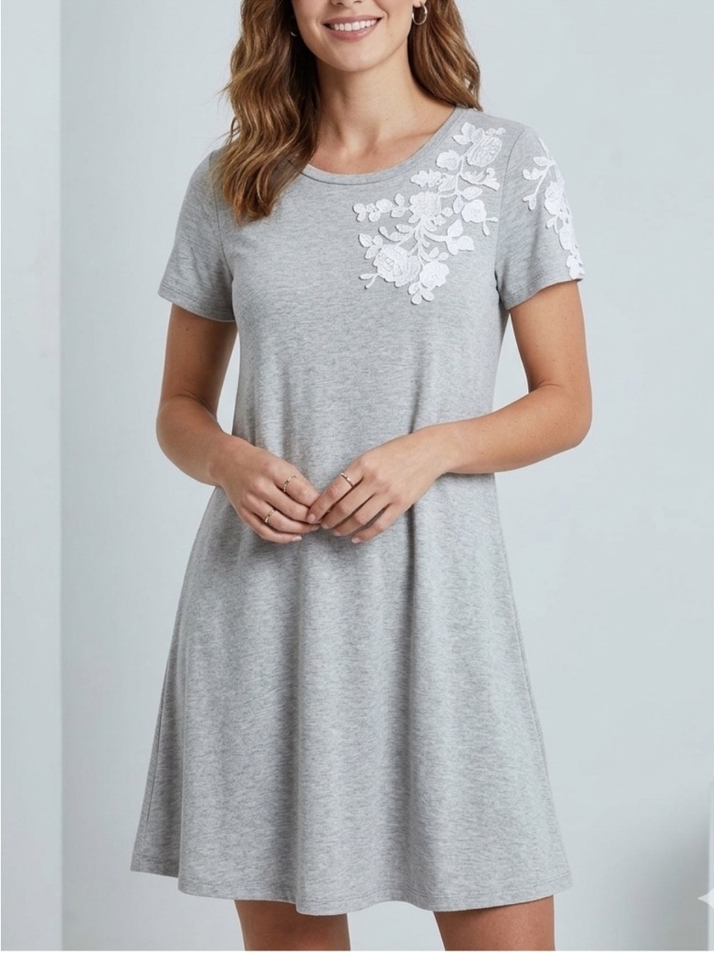 Spense Light Grey Floral Detail Comfy Cotton Casual Tee Shirt Dress Preppy Small